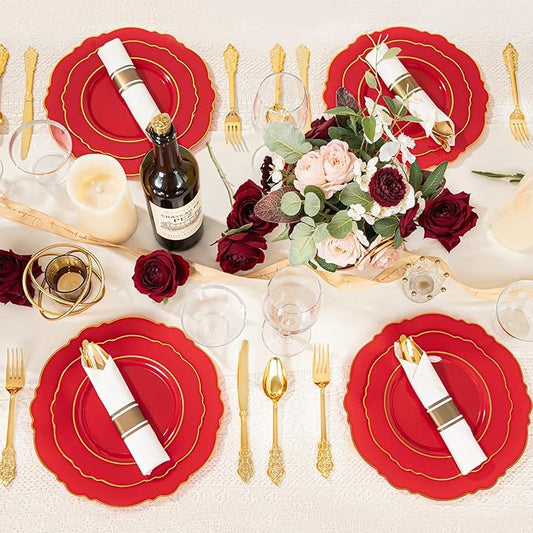Liacere 175PCS Red Plastic Plates - Red Disposable Plates With Gold Rim -25Guest Baroque Plastic Dinnerware include 50Plates-25Pack Pre Rolled Napkins with Silverware 25Cups for Wedding&Party