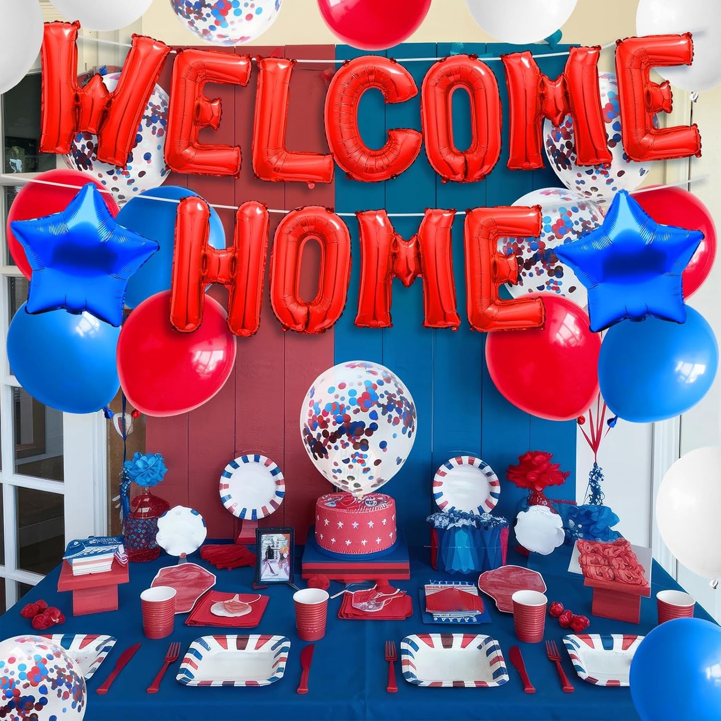 Red Blue Welcome Home Foil Balloon Banner with Confetti Balloons, Blue Star Balloons for Patriotic Welcome Home Army Returning Party Supplies