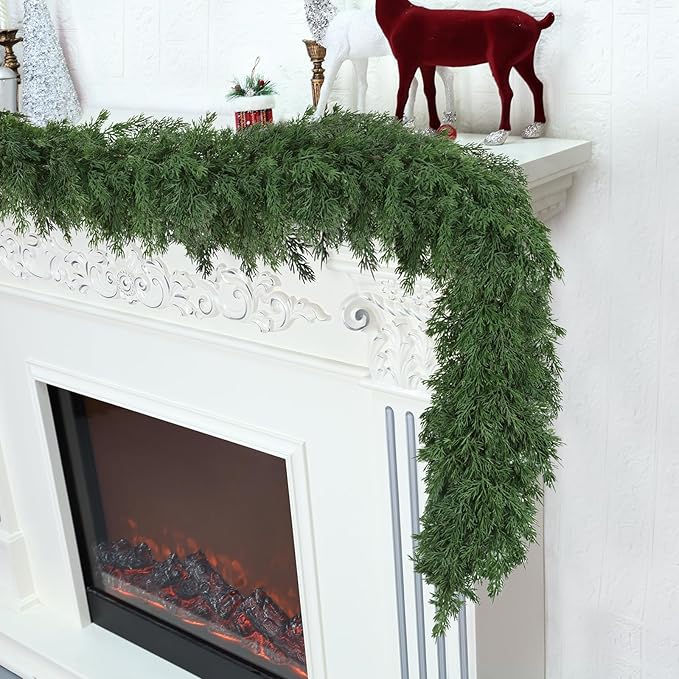 Christmas Garland Soft Bendable Realistic Artificial Cedar Pine Green Xmas Mantle Garland for Staircase with Gift Box Garlands for Decoration Christmas Fireplace Porch Table Home Yard Decor