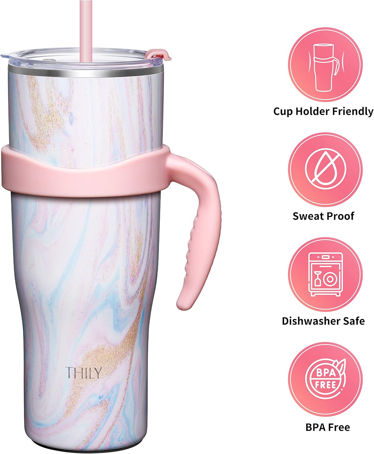 THILY Stainless Steel Vacuum Insulated Tumbler 40 oz Coffee Travel Mug with Handle and Lid, Sweat Proof, Keep Drinks Cold for 34 Hours or Hot for 12 Hours, Pink Ripple