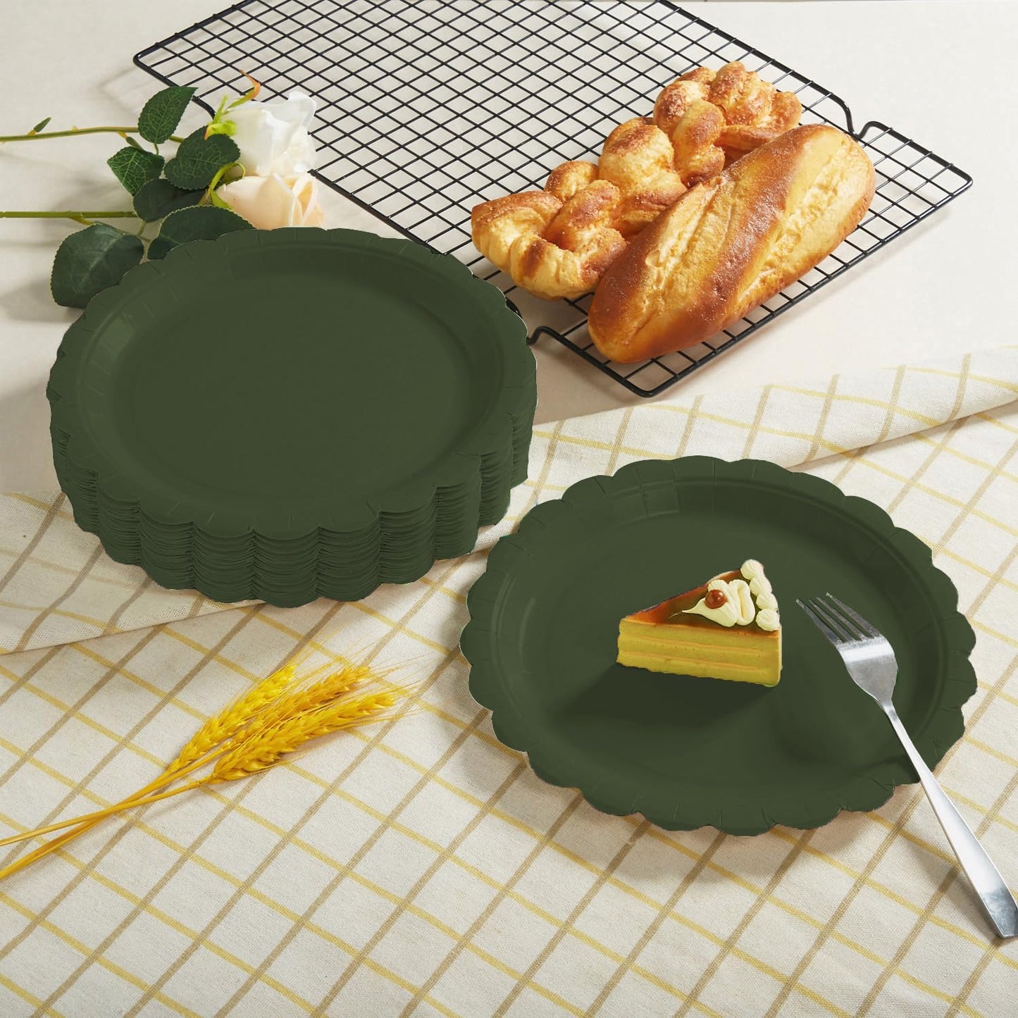 BEFORYOU 50PCS Scalloped Disposable Paper Plates 9IN Dessert Cake Party Plates for Baby Shower, Wedding,Bridal Shower Birthday Party Supplies (Olive-Green, 7IN and 9IN)