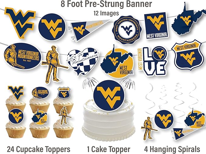West Virginia Party Supplies for Football, Birthday Gift, WVU Graduation Party Banner and Cake Toppers (42 Pieces) (West Virginia Mountaineers)