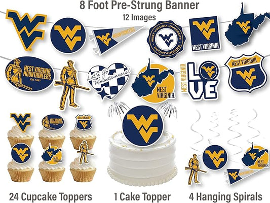 West Virginia Party Supplies for Football, Birthday Gift, WVU Graduation Party Banner and Cake Toppers (42 Pieces) (West Virginia Mountaineers)