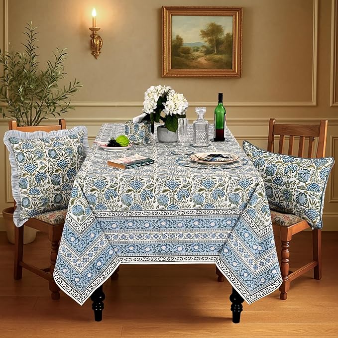 Ridhi -Asparagus Green 60x60 Inches Square 100% Cotton Hand Block Print Tablecloth Washable Halloween Thanksgiving/Christmas Parties/Wedding Use,Fall décor Farmhouse Dining Dinner Tablecloth
