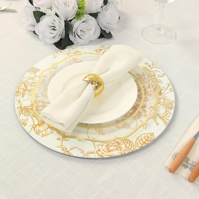Efavormart 6 Pack White Gold Floral Acrylic Charger Plates in French Toile Pattern, Round Dinner Charger Event Tabletop Decor - 13"