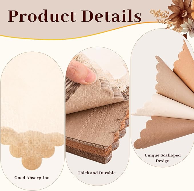 100 Pcs Light Brown Scalloped Napkins Gradient Color Cocktail Napkin Folded 5 x 5 Beverage Napkins Disposable Paper Napkins for Birthday Party Supplies