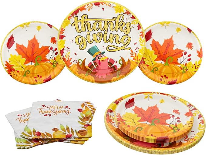 Thanksgiving Party Plates and Napkin (52 pieces for 16 guests) - Thanksgiving Party Supplies, Thanksgiving Party Decorations, Fall Theme Party, Turkey Party Plates and Napkins, Blue Orchards