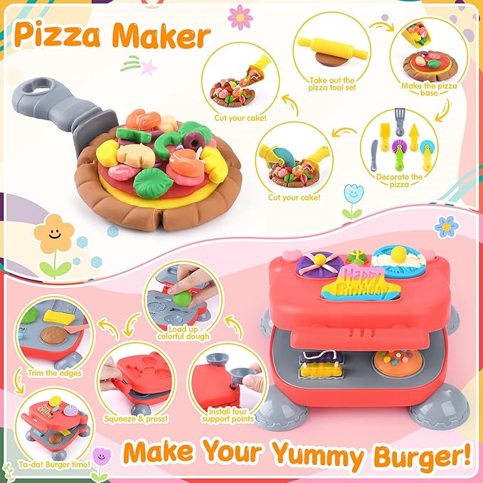 5-in-1 Color Dough Sets for Kids Ages 3+ DIY Food Maker Toys Set with 24 Dough, Arts and Crafts Kit for Pretend Play Ice Cream/Cake/Noodle/Hamburger/Pizza/Baking Set Toys Machines