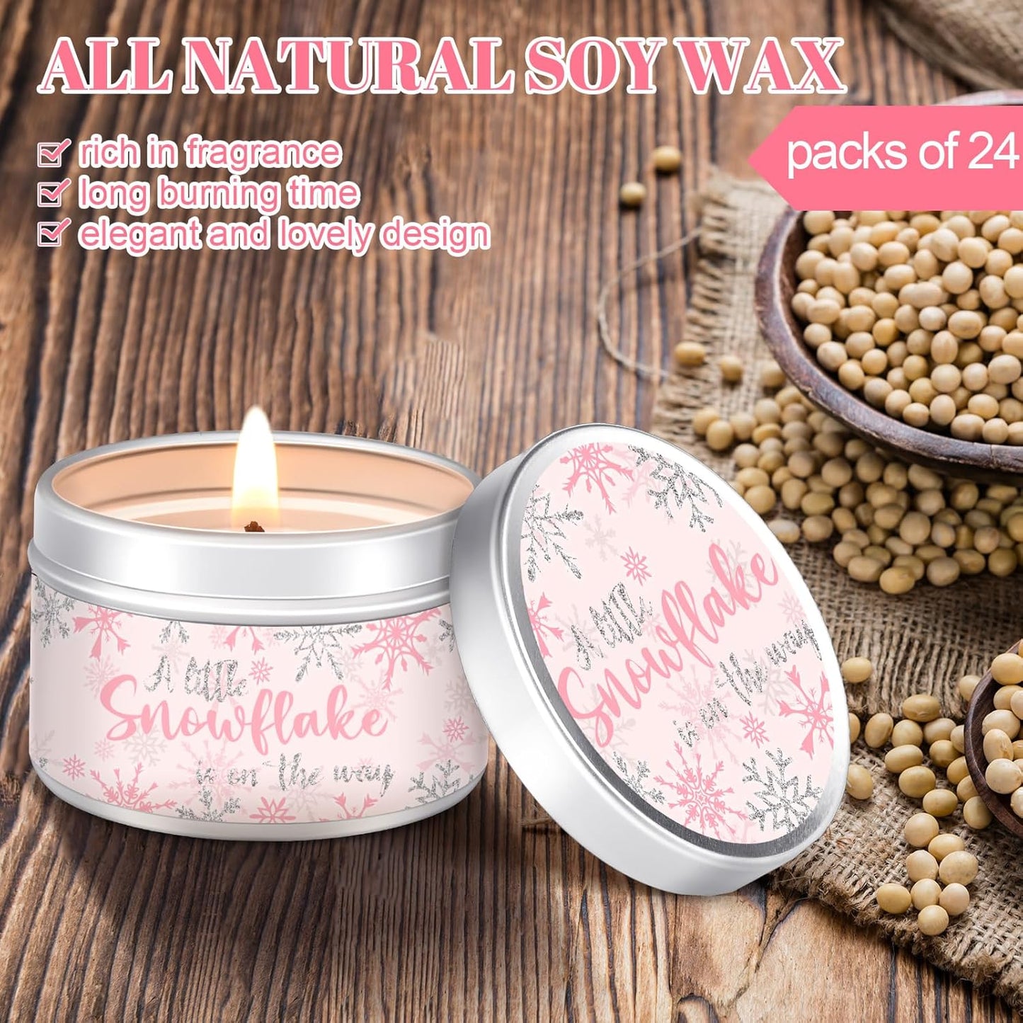 MTLEE 24 Pcs Snowflakes Baby Shower Party Favors Candles Lavender Scented Baby Shower Favors for Guests Rustic Tealights Candles Gender Reveal Return Gifts Girl Boy(1.2 Oz, Pink)