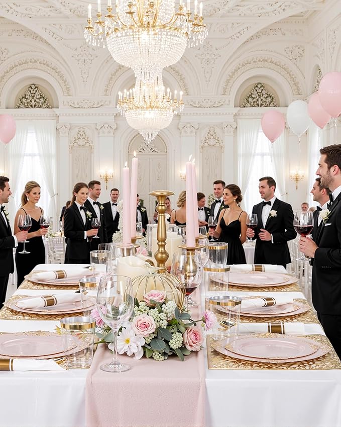 Nervure 100PCS Pink and Gold Plastic Plates - 7.5 inch Pink Plastic Plates with Gold Rim - Disposable Dessert Plate for Wedding & Party & Easter