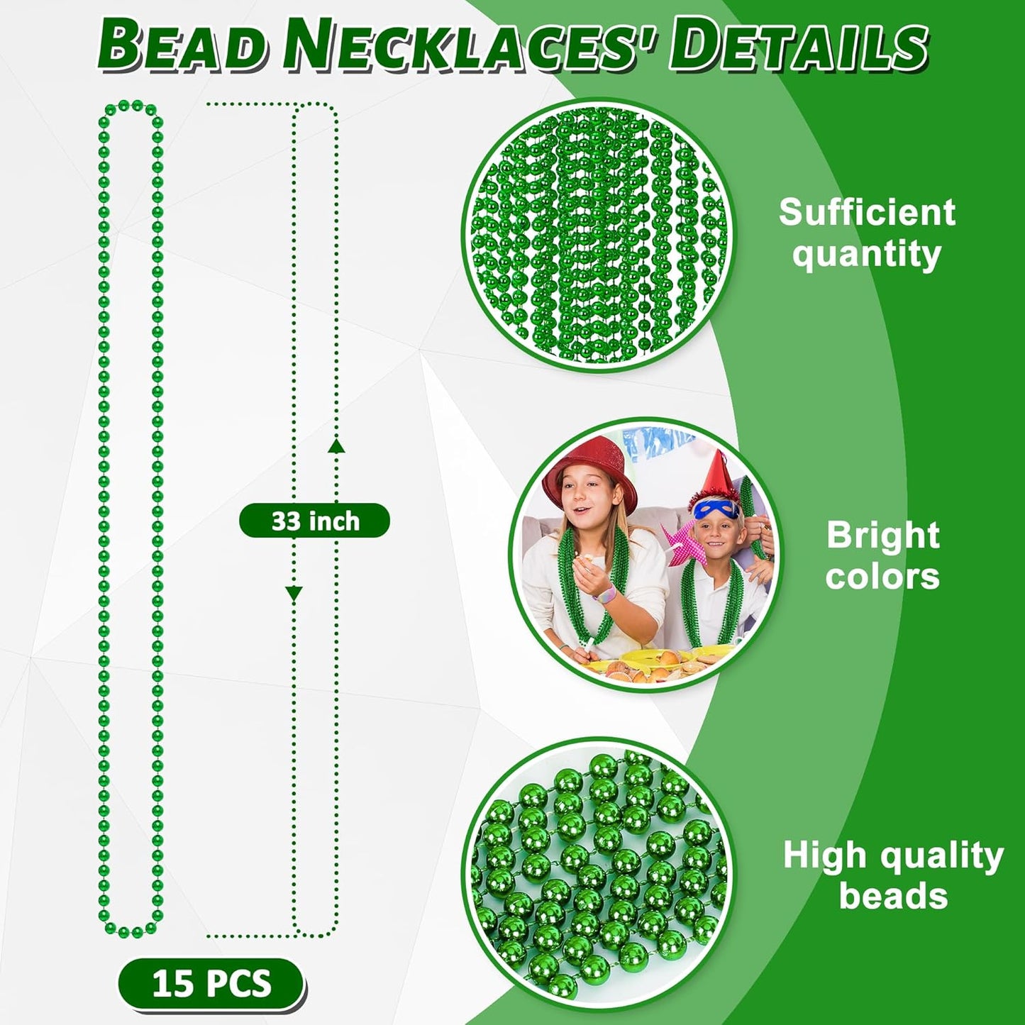 St Patricks Day Accessories, 15PCS Green Beads Necklaces Decorations, 33" Saint Patricks Day Mardi Gras Xmas Necklace Party Favor, Green Mardi Gras Beads Bulk for Wedding Birthday Holiday Parade Throw
