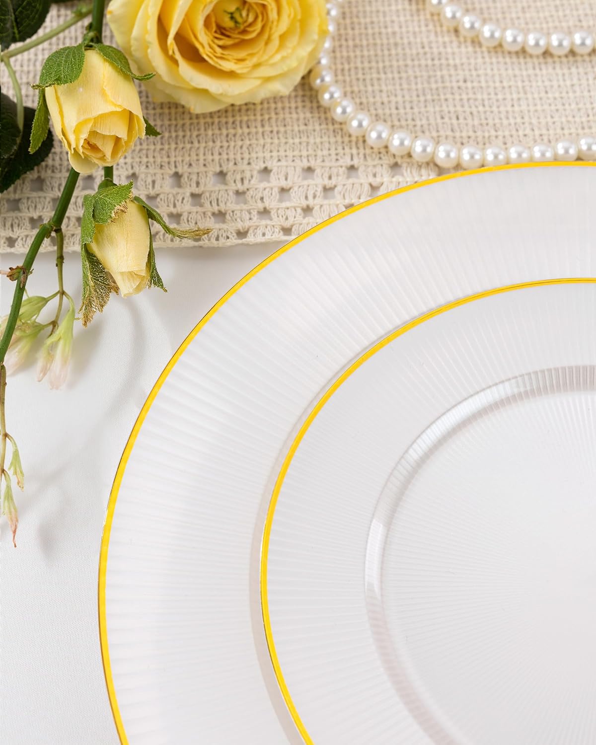Hioasis 60pcs White and Gold Plastic Plates - White Disposable Dinnerware Set, 30pcs Dinner 10.25in & 30pcs Dessert 7.5in Plates with Striped Designs for Party & Thanksgiving