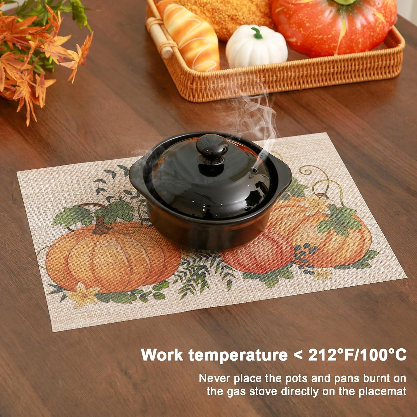 Thanksgiving Placemats Set of 6 Fall Place Mats Pumpkin Maple Leaves Table Mats Washable Non-Slip Heatproof Woven Placemats for Dining Table (17.7" X 11.8")