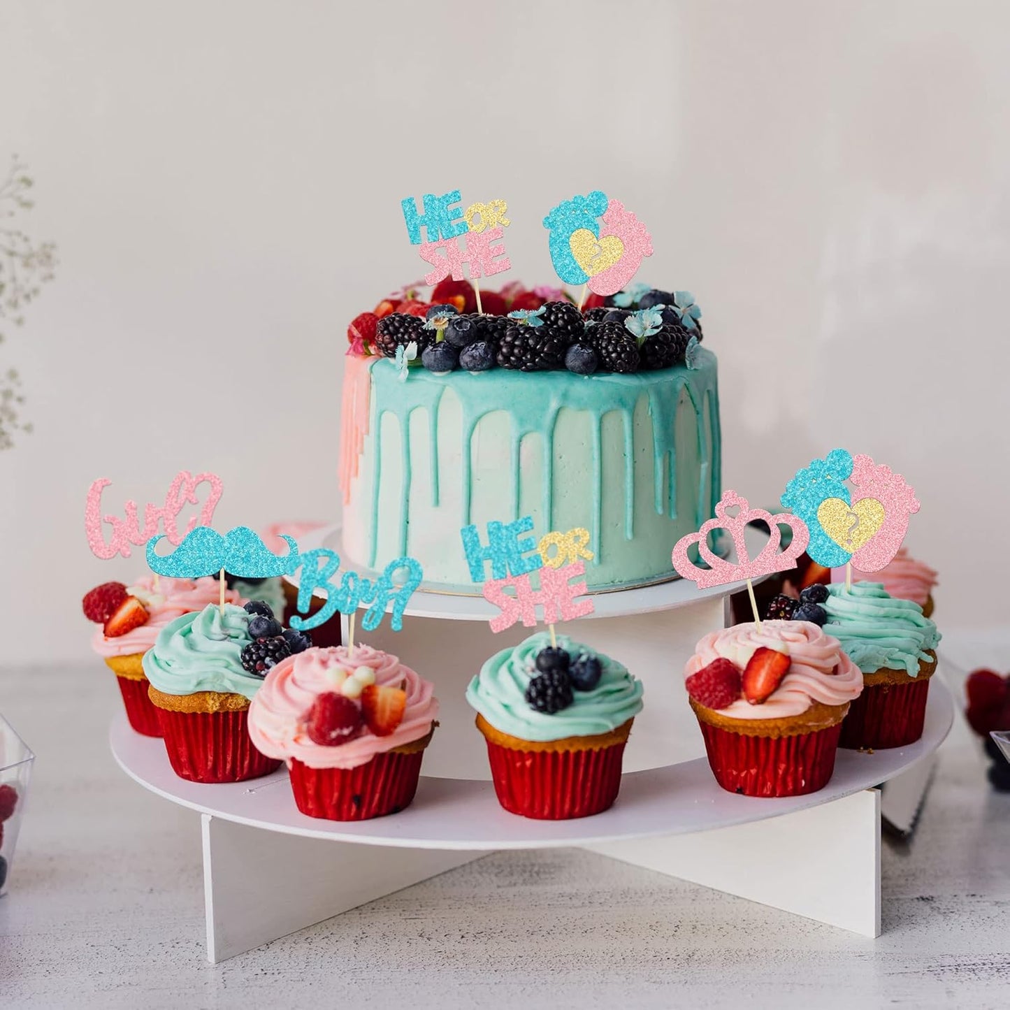 24Pcs Boy or Girl Cupcake Toppers Pink Blue Glitter Crown Moustache Baby Shower Cupcake Picks He or She Footprint Cake Topper Decorations for Gender Reveal Theme Baby Shower Kids Birthday Party