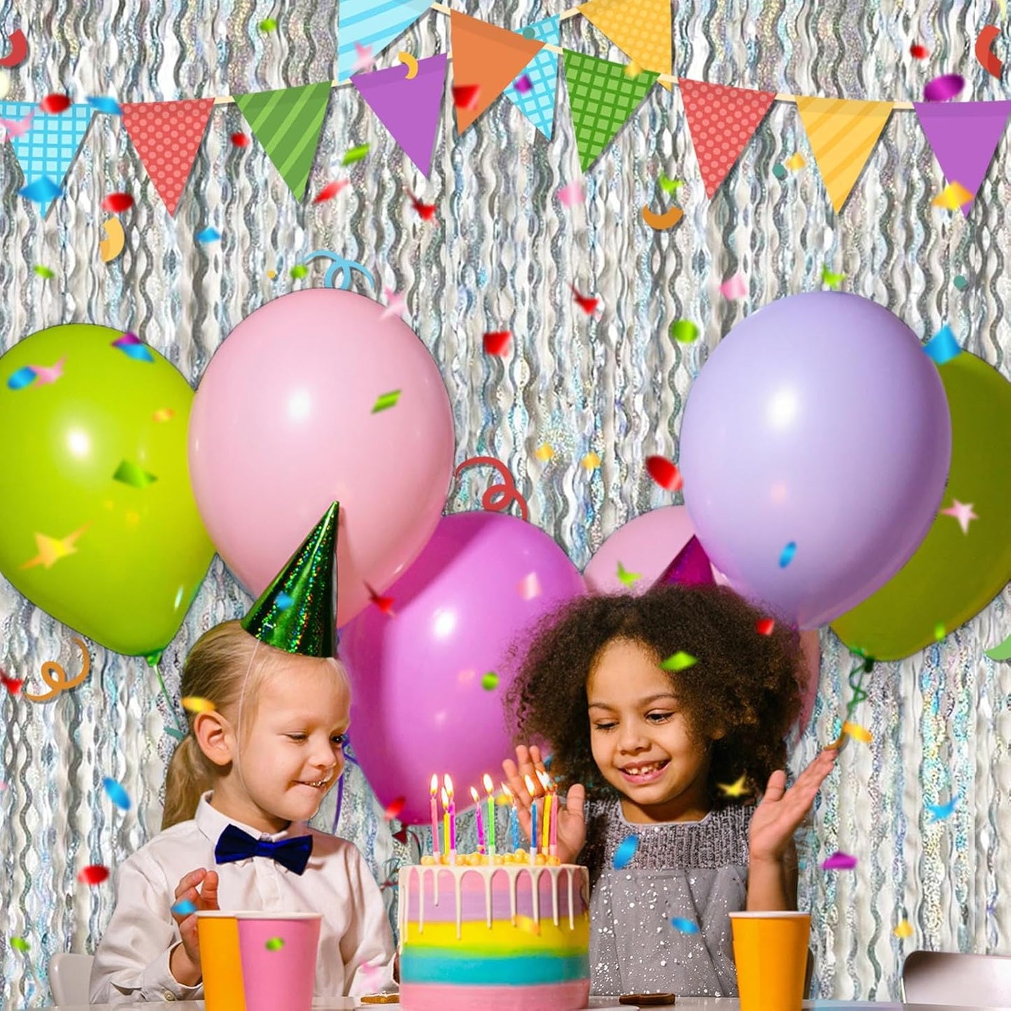 4 Pack Silver Fringe Curtain Backdrop 3.2Ft x 8.2Ft Metallic Tinsel Foil Fringe Streamers Background for Photo Booth, Easter, Mother's Day, Bachelorette, Wedding, Birthday Party Decoration