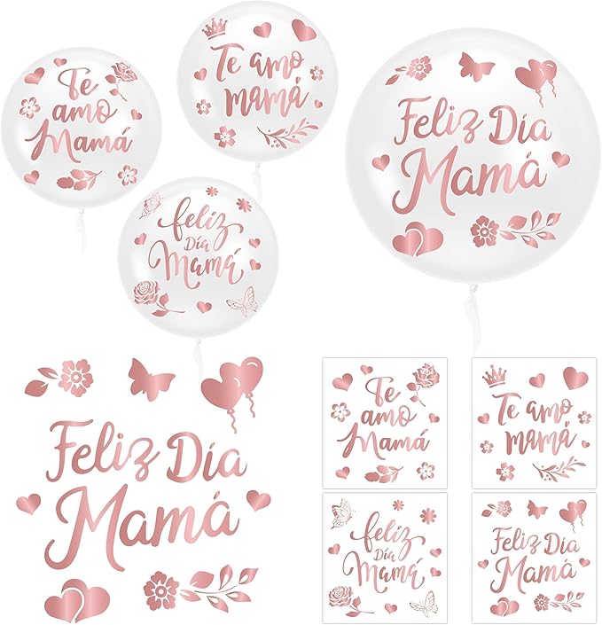 CNhoqc Mother’s Day Bobo Balloons - 20Pcs Feliz Dia Mamá Transparent Bobo Balloons 16Pcs Rose Gold Sticker Decals Set Mom’s Birthday Anniversary Home Party Decorations Supplies Bridal Shower Wedding