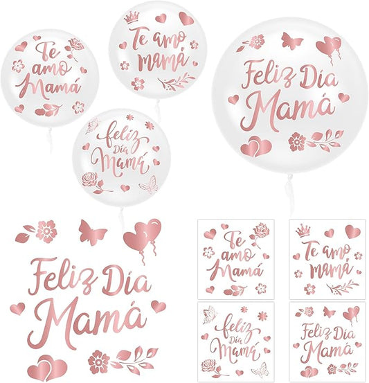 CNhoqc Mother’s Day Bobo Balloons - 20Pcs Feliz Dia Mamá Transparent Bobo Balloons 16Pcs Rose Gold Sticker Decals Set Mom’s Birthday Anniversary Home Party Decorations Supplies Bridal Shower Wedding