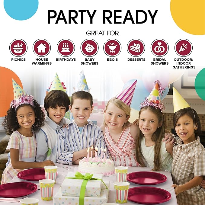 Party Solids Burgundy Plastic Plates For Party Supplies, Burgundy Disposable Plates 100 Pieces - 50-7" & 50-9" Heavy Duty 350 GSM Disposable Dinnerware Sets, Plastic Dinnerware Sets