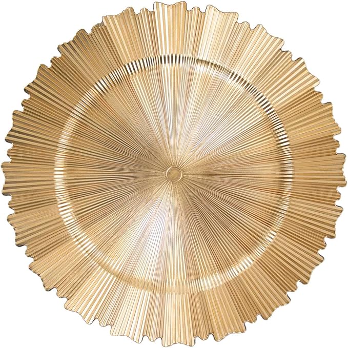 Efavormart 6 Pack | 13" Metallic Gold Sunray Acrylic Plastic Serving Plates, Round Scalloped Rim Disposable Charger Plates