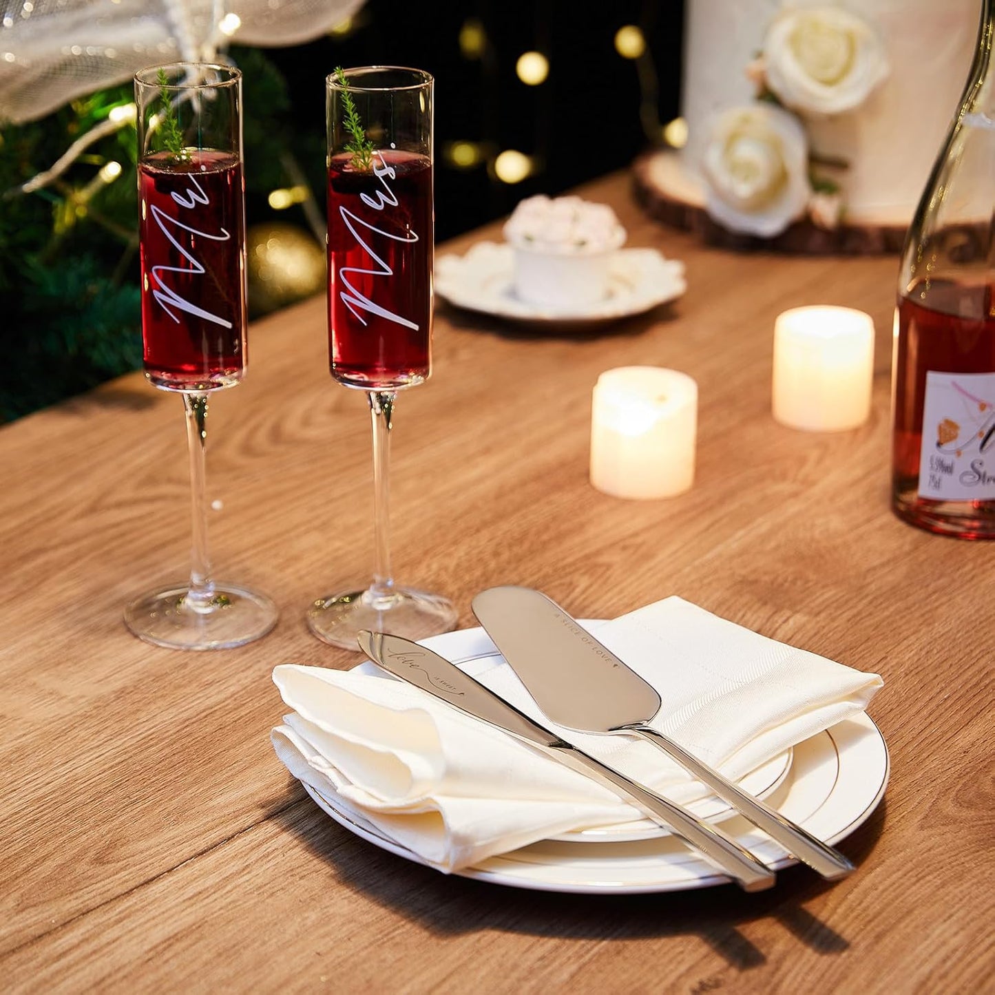 AW BRIDAL Engagement Bridal Shower Wedding Gifts for Newlywed Couples 2025, Anniversary Mr Mrs Champagne Flutes Toasting Glasses, Wedding Silver Cake Knife and Server Set with Gift Box for Bride Groom