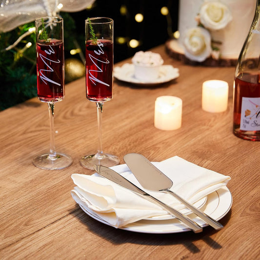 AW BRIDAL Engagement Bridal Shower Wedding Gifts for Newlywed Couples 2025, Anniversary Mr Mrs Champagne Flutes Toasting Glasses, Wedding Silver Cake Knife and Server Set with Gift Box for Bride Groom