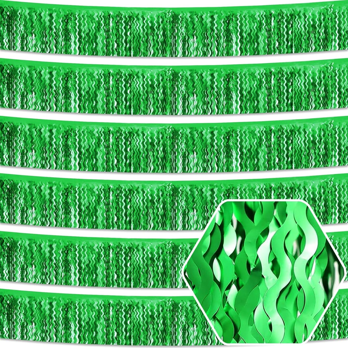 6 Pack 10 Feet Green Wave Foil Fringe Garland Metallic Tinsel Streamers Banner Wall Hanging Curtain Backdrop for Parade Floats, Mother's Day, Easter, Wedding, Birthday Party Decoration