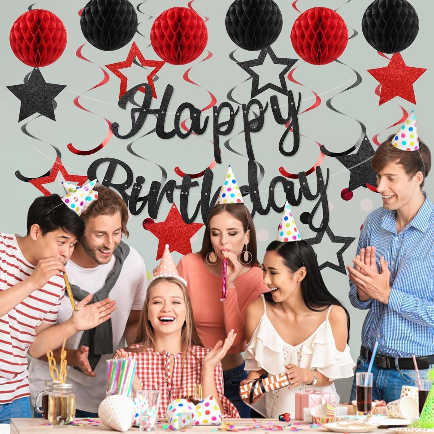 Birthday Decorations, NO DIY, Pre-Strung Happy Birthday Banner with Honeycomb Balls, Hanging Swirls, Circle Dots Garland, Happy Birthday Party Decorations for Women Men Boy Girl (Red&Black)