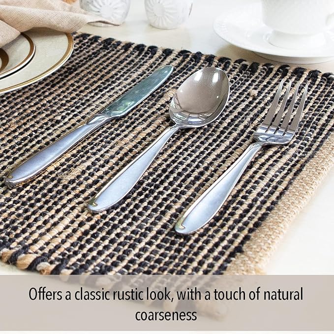 Chardin Home Natural Jute & Black Placemats, Set of 4 – Rustic Handmade Boho Table Mats, 13x19 Inch Dining Table Placemats for Kitchen, Everyday Meals, Holidays, Farmhouse or Modern Table Décor