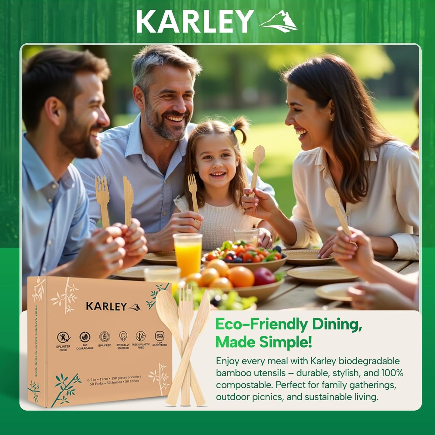 Karley Bamboo Utensils 150Pcs Set – Compostable Cutlery Set for Picnic, Parties – Heavy Duty Disposable Silverware Includes Wooden Spoons for Eating, Forks, Knives – Zero Plastic Disposable Cutlery