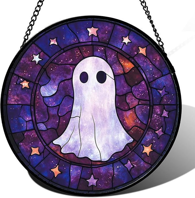 Stained Glass Window Hanging - Halloween White Star Ghost Purple Starry Sky Suncatcher for Doors Garden Indoor Spooky Sun Catchers Gothic Decor Horror Gifts for Women Men Friend 9.8 in