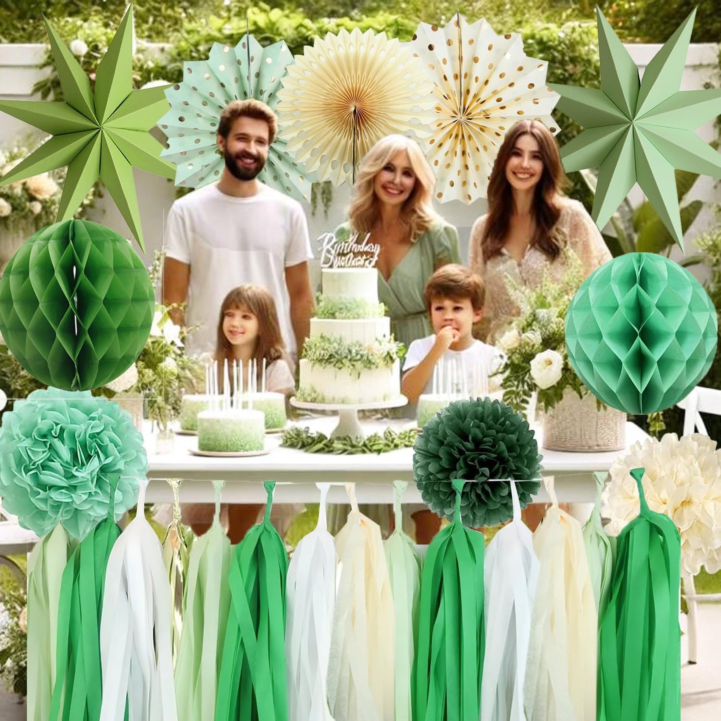 Green Party Decorations - Sage Greens Birthday Decoration - 15PCS Paper Decorations for Women Men Girl Boy,Hanging Backdrop for Engagement,Green Boho Wedding,Baby Shower,Bridal Shower,Garden Party
