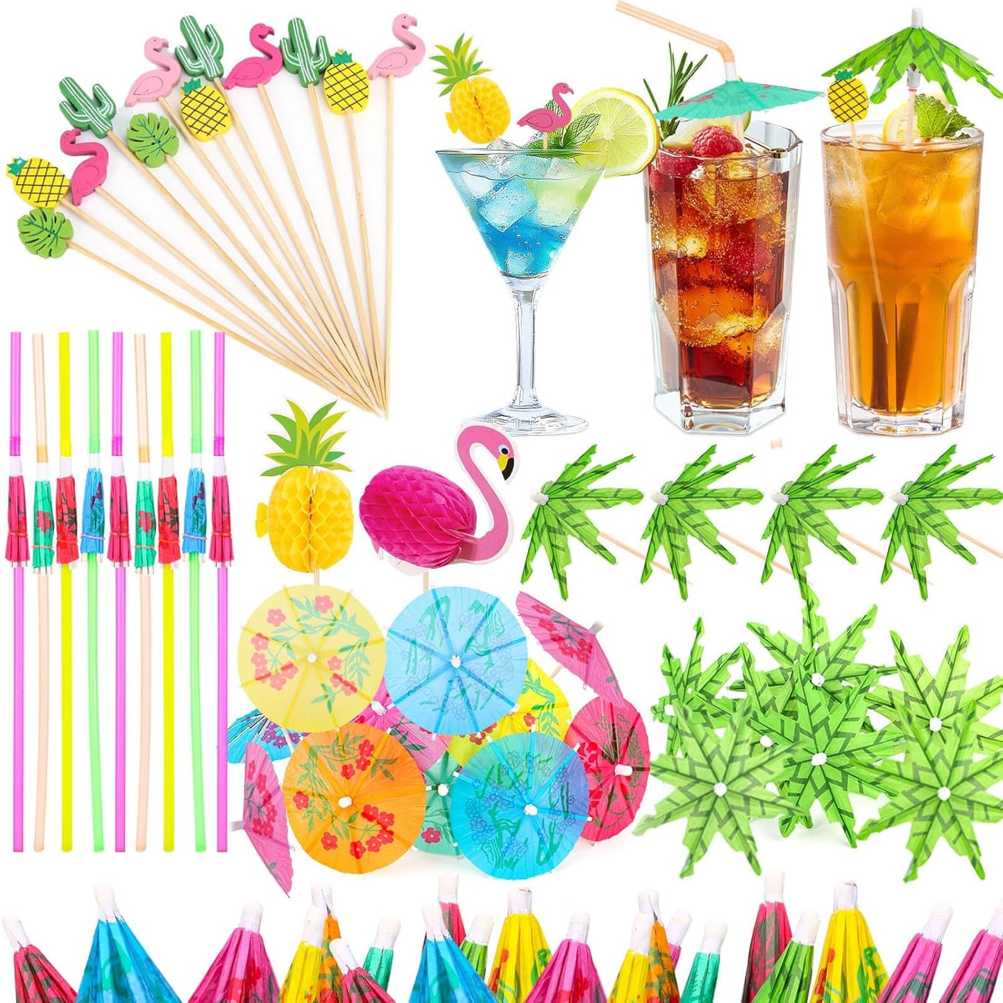 Paxcoo Drink Umbrellas, 180PCS Cocktail Drink Accessories Includes Umbrella Straws, Umbrella Toothpicks, Decoration Picks for Aloha Tropical Hawaiian Luau Party Decorations