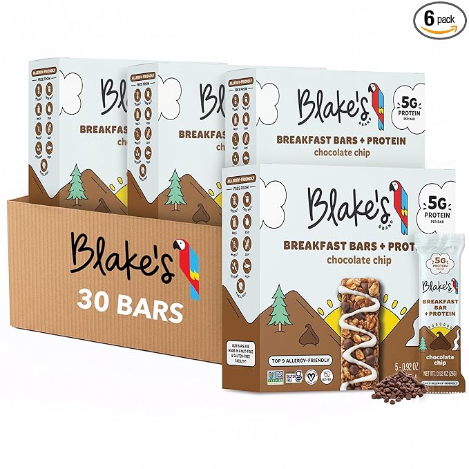 Blake's Breakfast Bars with Protein — Chocolate Chip (30 Count), 5g Clean Plant-Based Protein, Gluten Free, Nut Free, Dairy Free & Vegan, Healthy Snacks for Kids or Adults, School Safe