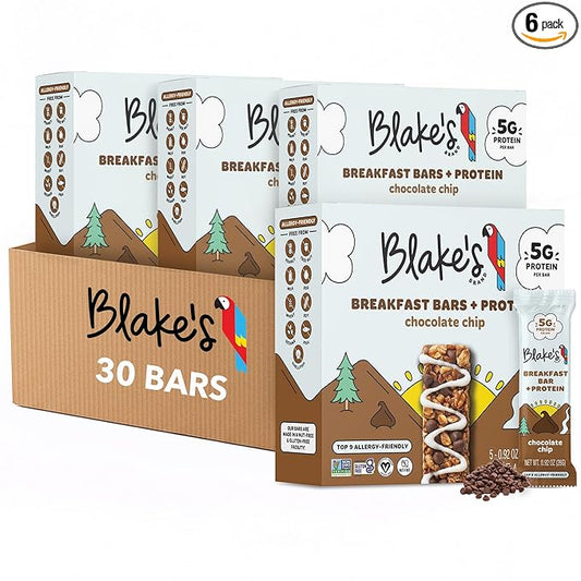 Blake's Breakfast Bars with Protein — Chocolate Chip (30 Count), 5g Clean Plant-Based Protein, Gluten Free, Nut Free, Dairy Free & Vegan, Healthy Snacks for Kids or Adults, School Safe