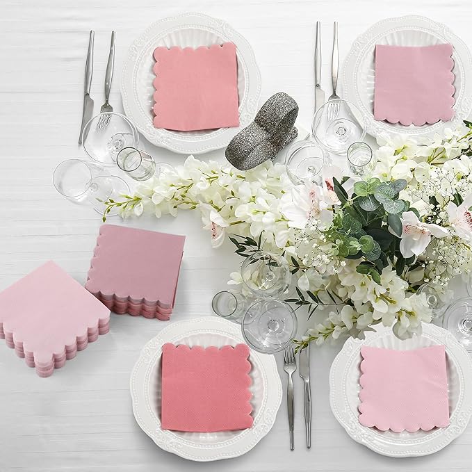durony 150 Pack Scalloped Napkins 5 x 5 Inch Disposable Paper Napkins Gradient Color Napkins with Scalloped Edges for Dinner Wedding Birthday Party Supplies, Dusty Pink