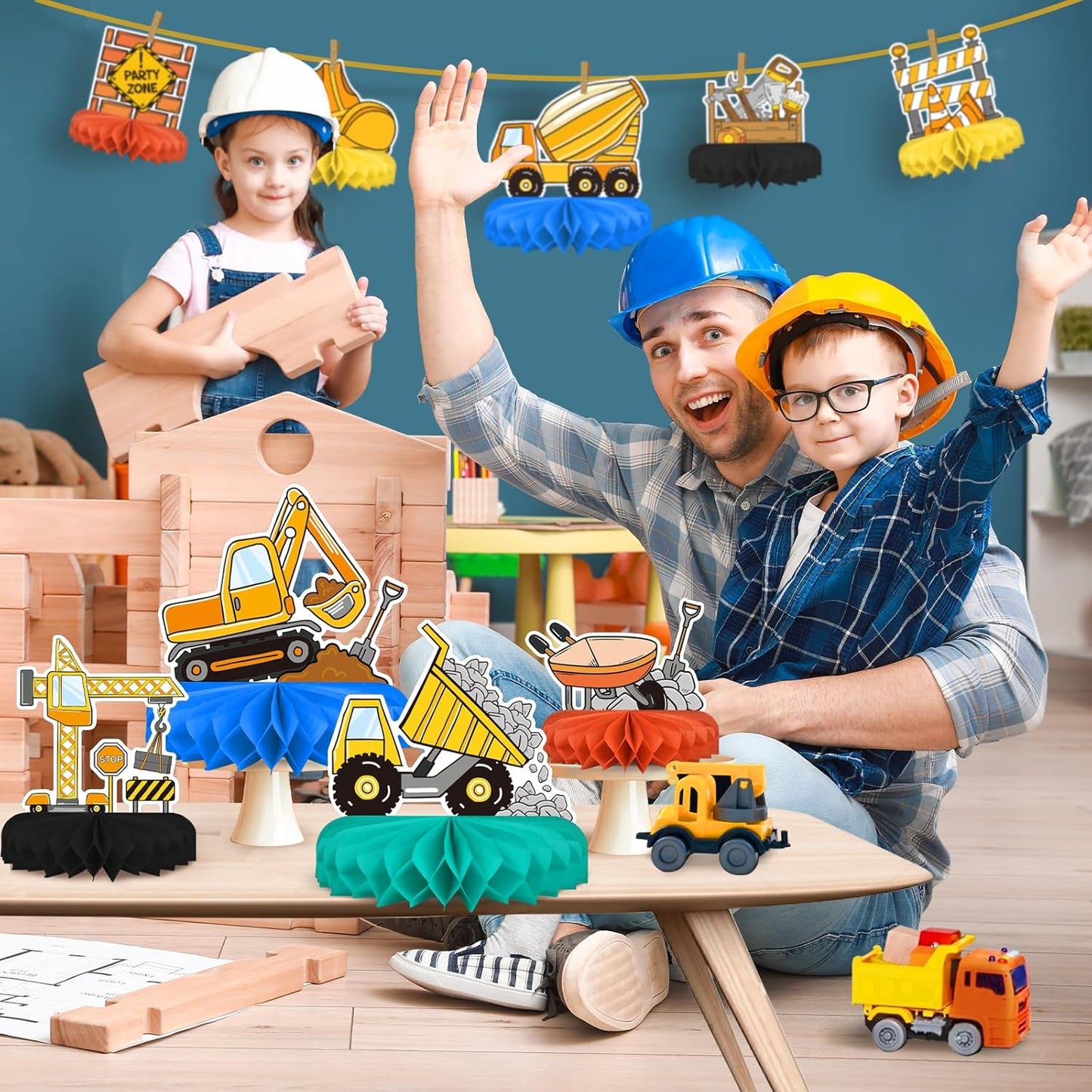 Construction Birthday Party Supplies Kit - Construction Themed Honeycomb Centerpiece ，Table Decorations for Kids' Construction Themed Birthday Party Decorations