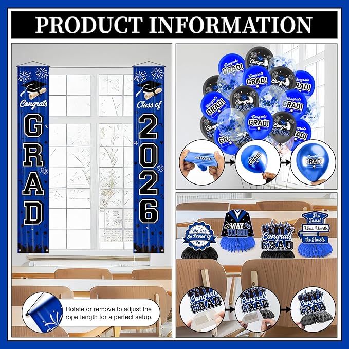 Graduation Decorations Class of 2026 Blue Party Decor Set include Congrats Grad Banner Graduation Backdrop Class of 2026 Balloons Party Supplies