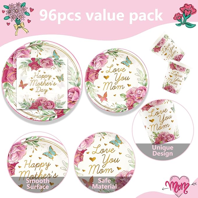 Mothers Day Decorations Happy Mother's Day Party Supplies Set for 24-Disposable Paper Plates, Napkins, Cups, Mother's Day Celebration Party Decor for Outside, Picnic