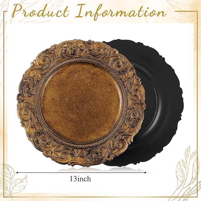 12 Pcs Antique Gold Charger Plates Bulk 13 Inch Embossed Rim Plastic Round Decorative Vintage Plates Charger for Dinner Wedding Party Event Table Setting Decoration (Classic)