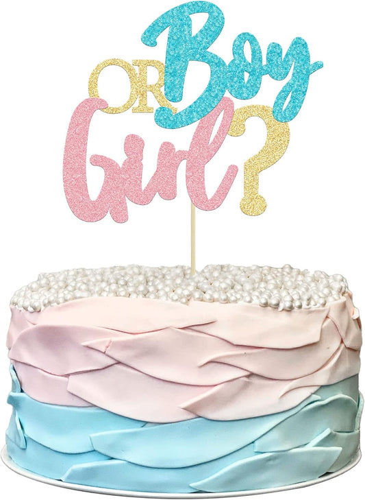 1Pc Boy or Girl Cake Topper Glitter Pink or Blue Cake Pick Gender Reveal Cake Decorations for Baby Shower Gender Reveal Theme Kids Boys Girls Birthday Party Decoration Supplies