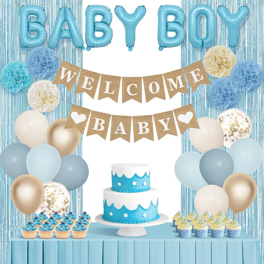 Ouddy Party Dusty Blue Baby Shower Decorations for Boy with Welcome Baby Banner Baby Boy Blue Champagne Sand Foil Balloons Fringe Curtains Paper Pom Poms for Baby Shower Gender Reveal Party Supplies