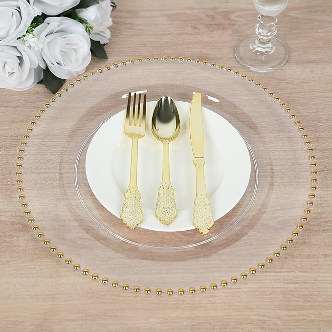 Efavormart 10 Pack Clear Gold Economy Plastic Charger Plates with Beaded Rim, Round Decorative Serving Plates - 13"