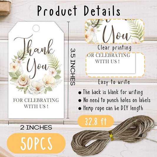 Floral Paper Gift Tags with String, 50Pcs Thank You for Celebrating with Us Tag, Gift Labels for Birthday Party Baby Bridal Shower Wedding Favor, Botanical Leaves Print-A18