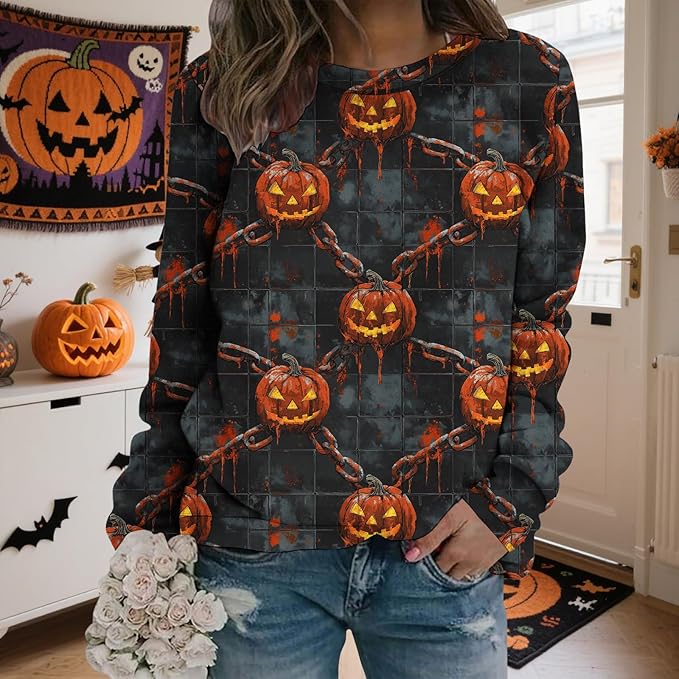 LIZALIG Pullover Cute Sweatshirt Orange Skeleton Fall Festive FunWomens Design Bat Holiday Party Outings Pumpkin Print