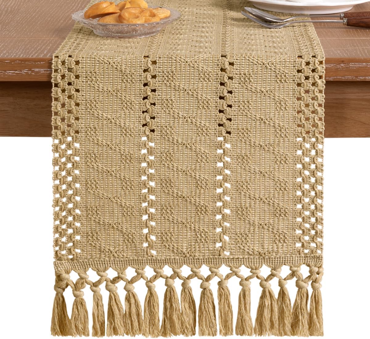 Socomi Boho Table Runner Macrame Fall Thanksgiving Farmhouse Woven Cotton Linen Rustic Coffee Table Runner with Tassels for Dresser Scarf Home Decor Dining Room 12x90 inch Champagne