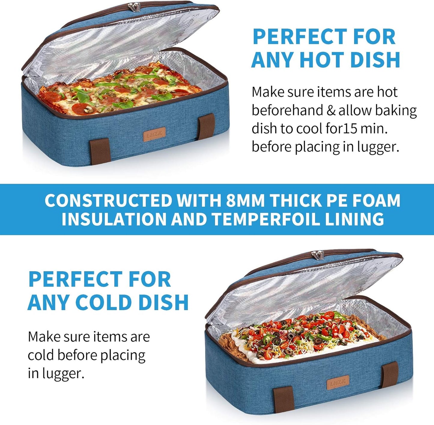 LHZK Double Decker Insulated Casserole Carrier for Hot or Cold Food, Expandable Hot Food Carrier, Lasagna Holder Tote for Potluck Parties, Picnic, Beach, Fits 11 x 15 or 9 x 13 Baking Dish (Blue)