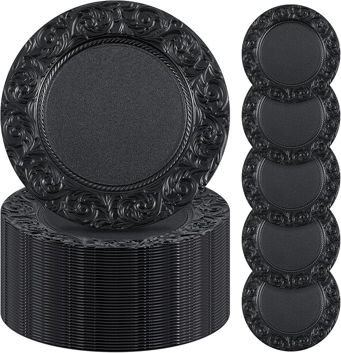 Uiifan 50 Pcs Antique Charger Plates Bulk 13'' Plastic Plate Chargers Decorative Embossed Rim Round Plates for Wedding Party Event Dinner Kitchen Table Setting Decoration (Black)