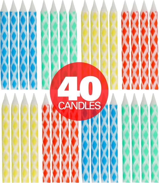 40 Multicolored Diamond Birthday Candles for Cake & Cupcakes - Multi-Color Party Candles Set