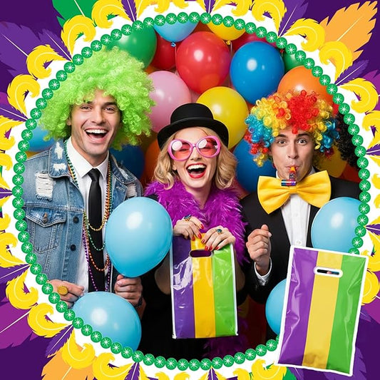 Frienda 100 Pcs Mardi Gras Plastic Gift Bags with Handles 9.84''x6.5'' Purple Yellow Green Plastic Candy Goodies Treat Favors for Event Mardi Gras Carnival Birthday Party Gift Wrapping Supplies
