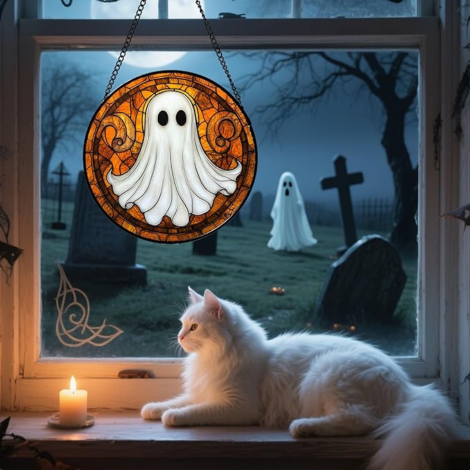Stained Glass Window Hanging - Halloween Decoration Cute Ghost Suncatcher for Doors Garden Orange Black Spooky Sun Catchers Gothic Decor Horror Gifts for Women Men Friend Boy Girl 7.8 in